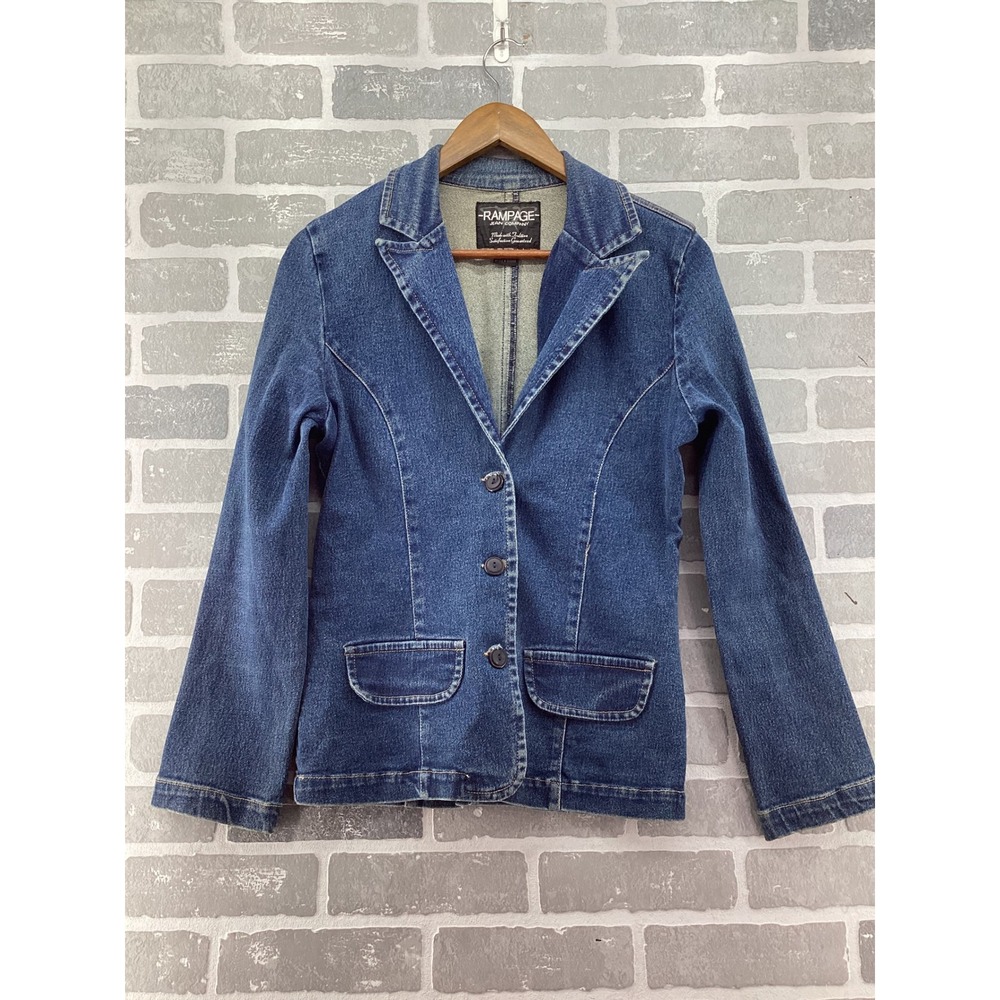 Rampage Jean Company‎ Denim Blazer Jacket Medium Wash Blue 3 Button Women Large